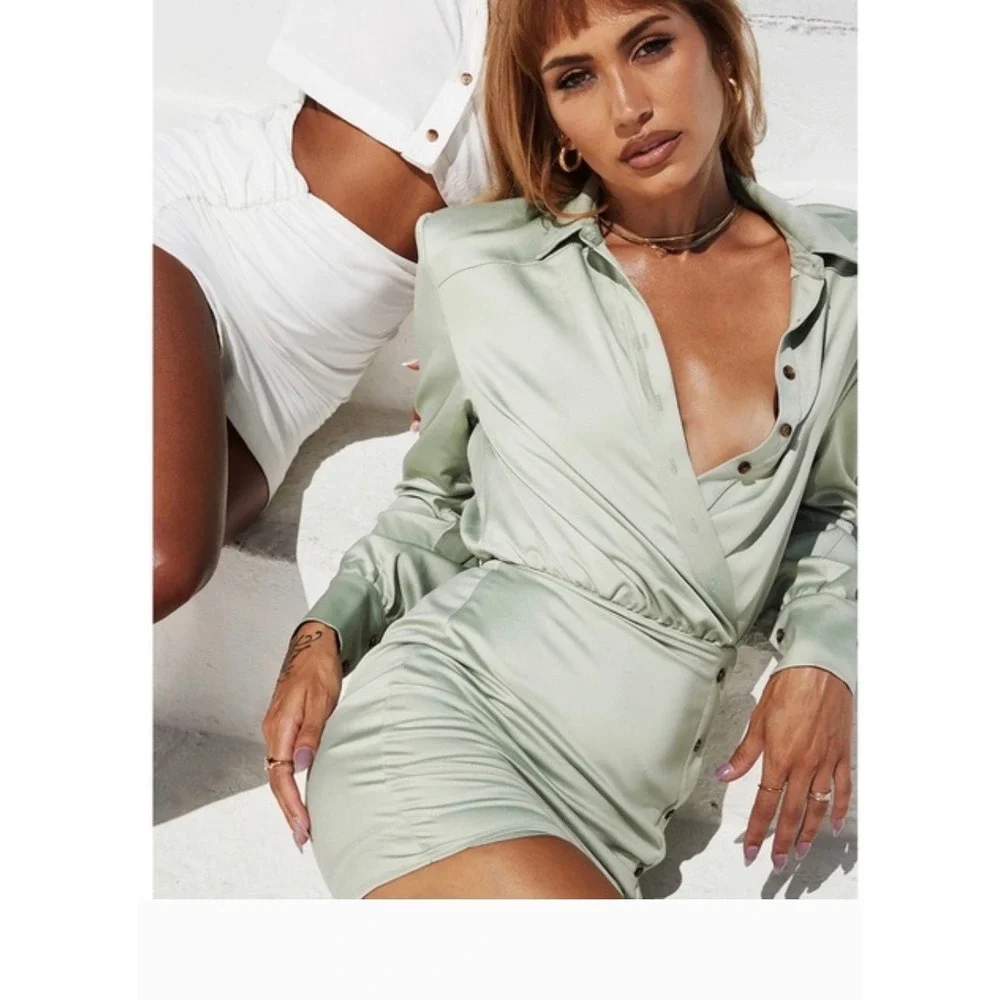 Mistress Rocks Sage Green Satin Long Sleeve Mini Dress XS New With Tags - Picture 2 of 8